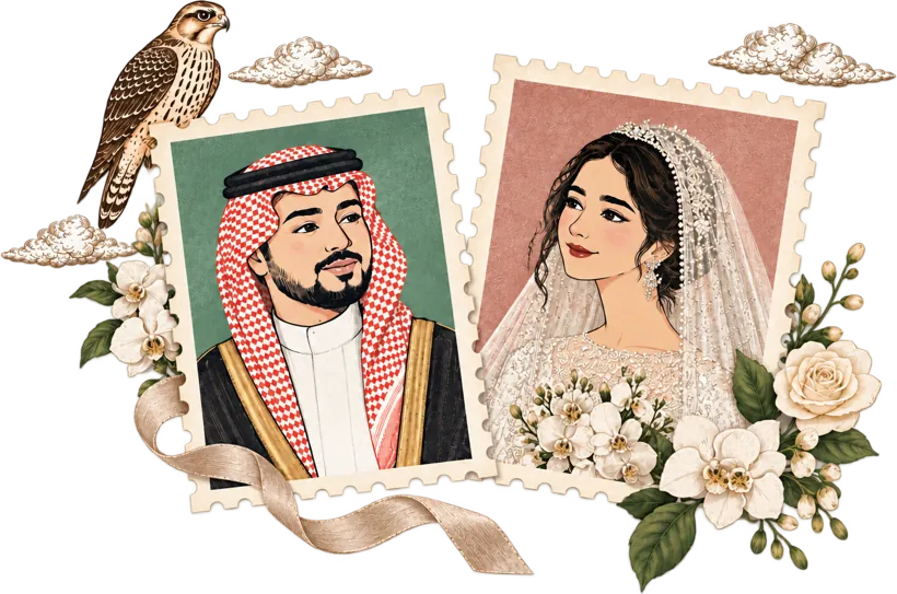 رسم للعروسين على طوابع بريدية مع صقر وزهور